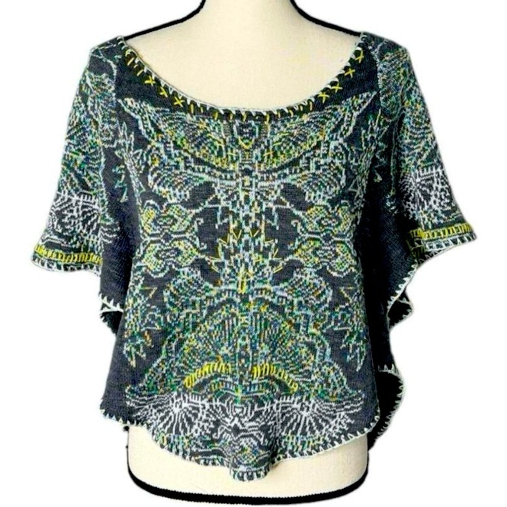 Free people embroidered knit gray top sweater cape boho printed fall casual moth